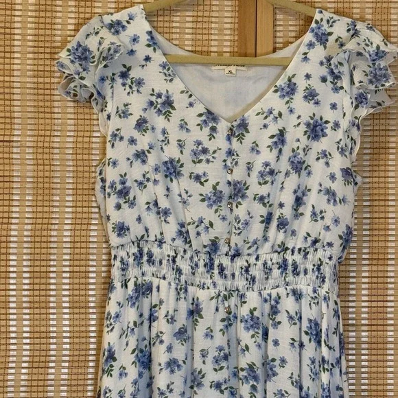 Indigo Rose Womens XL Floral Dress Lined Midi White Blue Cottagecore Fairycore - Picture 2 of 10